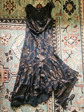 Connected Black and Bronze Floral Asymmetrical Cowl Dress